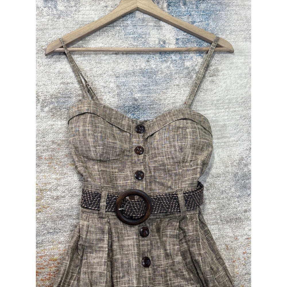 Y2K Brown‎ Plaid Spaghetti Strap Dress Belted Button Front Academia Style Size M